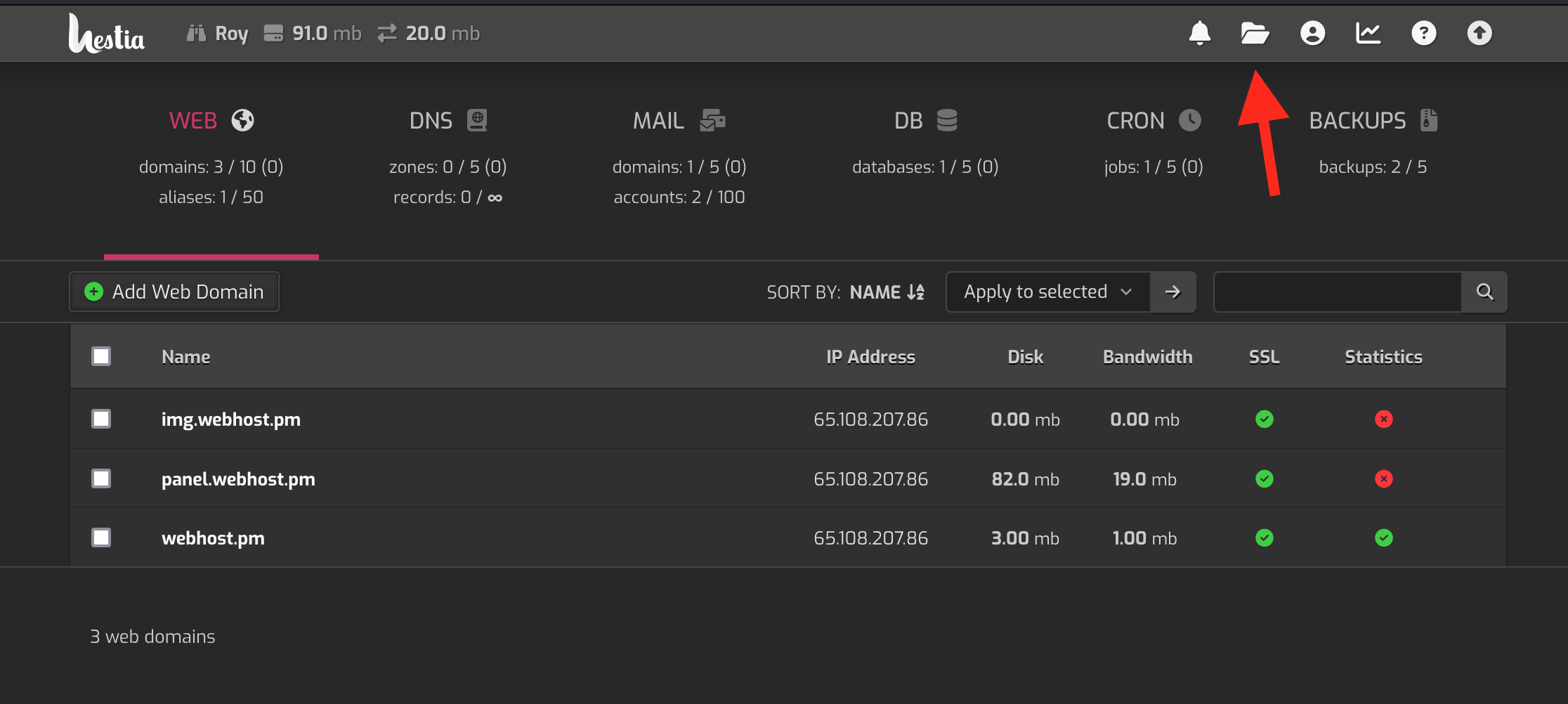 File manager location on the control panel